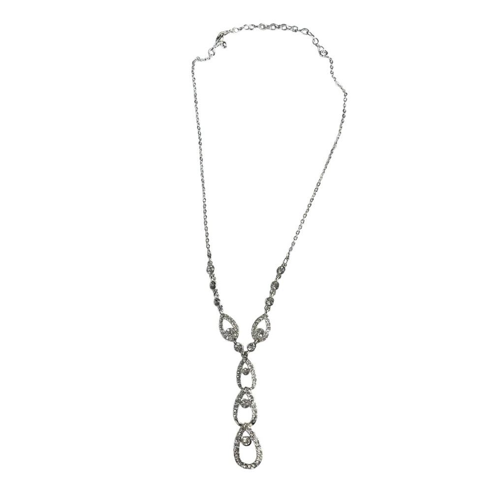 Y2K Crystal Pendant Necklace Y-Drop Party Formal Sparkle Prom Glam Silver 19"